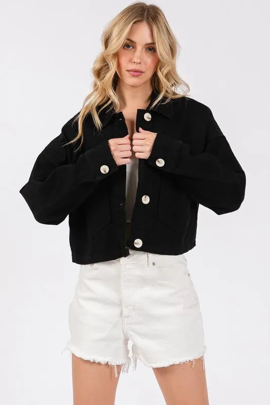 Image of bytos Button Down Cropped Denim Jacket with Patch Pockets | Queeble.shop