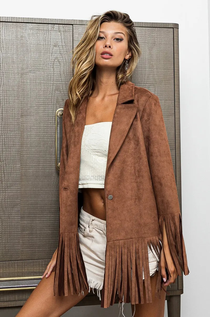 Image of BiBi Suede Single Blazer with Fringed Hem | Queeble.shop
