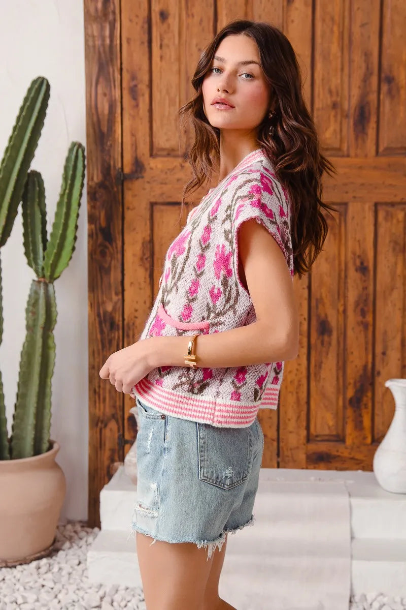 Image of SO ME Button Front Floral and Stripe Knitted Sweater Vest | Queeble.shop