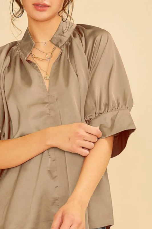 Image of Annie Wear Satin V Neck Open Short Sleeve Woven Blouse Top | Queeble.shop