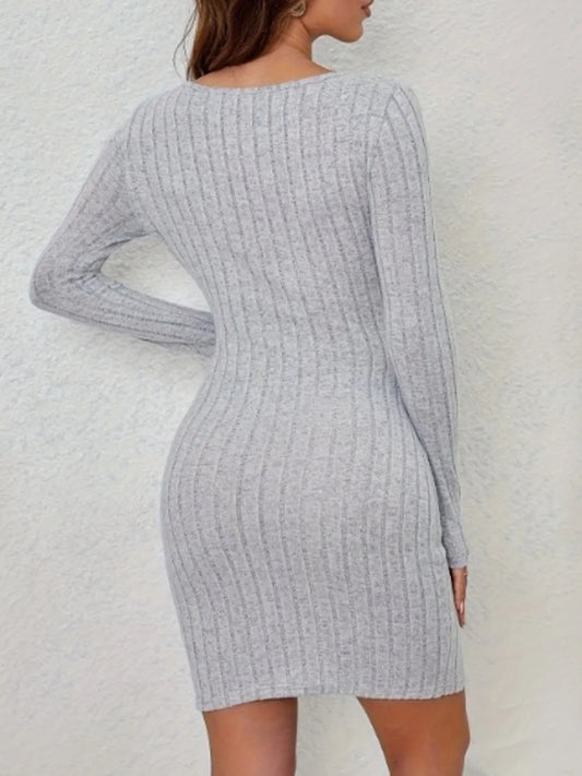 Image of Ribbed Knit Cutout Long Sleeve Bodycon Dress | Queeble.shop