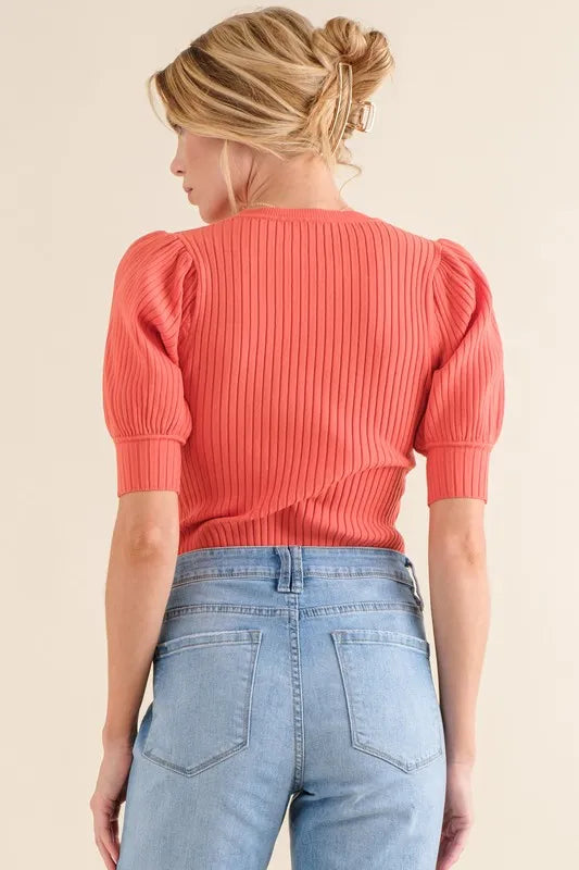 Image of And The Why Puffed Half Sleeve Rib Basic Bodysuit | Queeble.shop