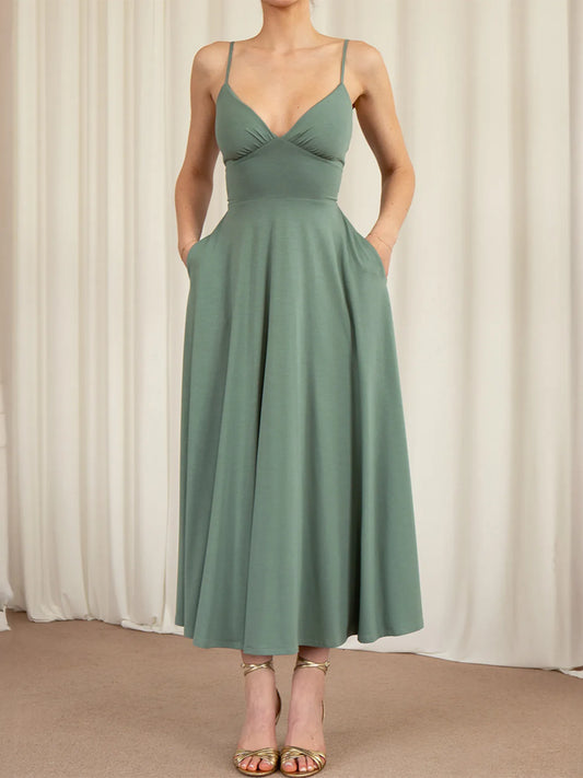 Image of V-Neck Midi Cami Dress with Pockets | Queeble.shop