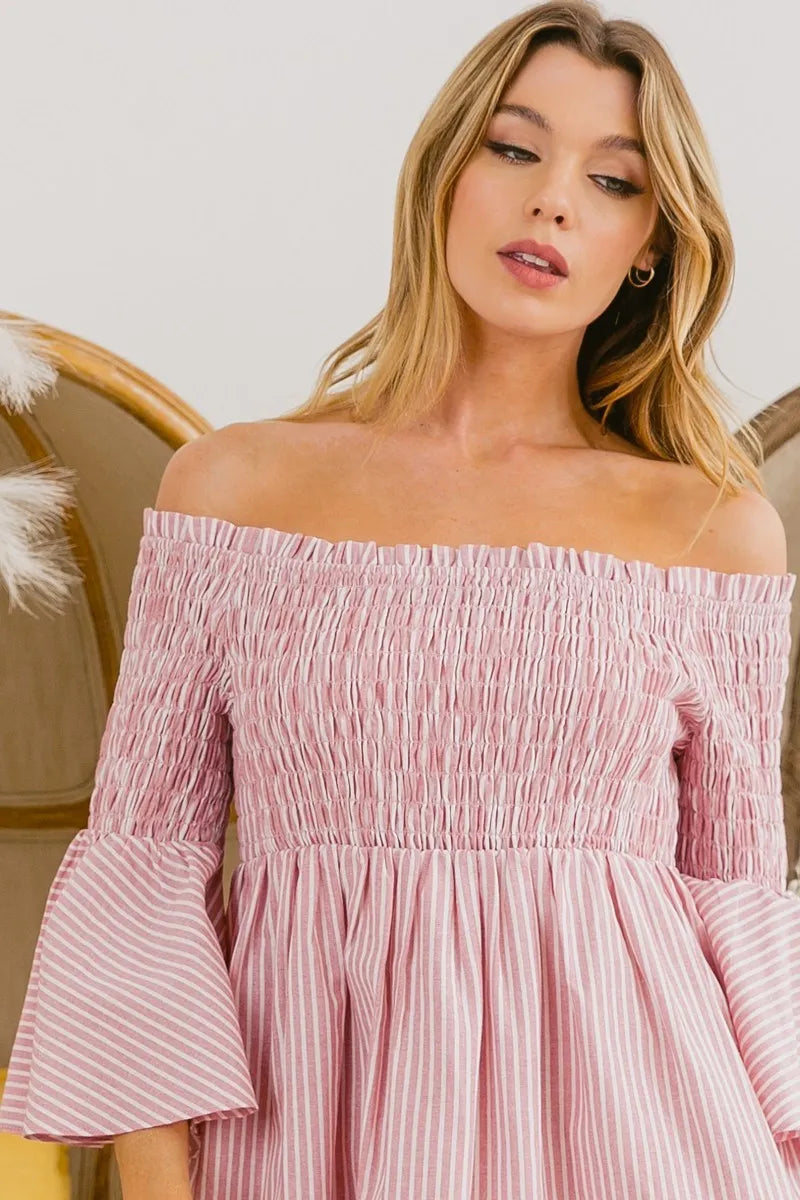 Image of BiBi Smocked Off Shoulder Striped Dress | Queeble.shop