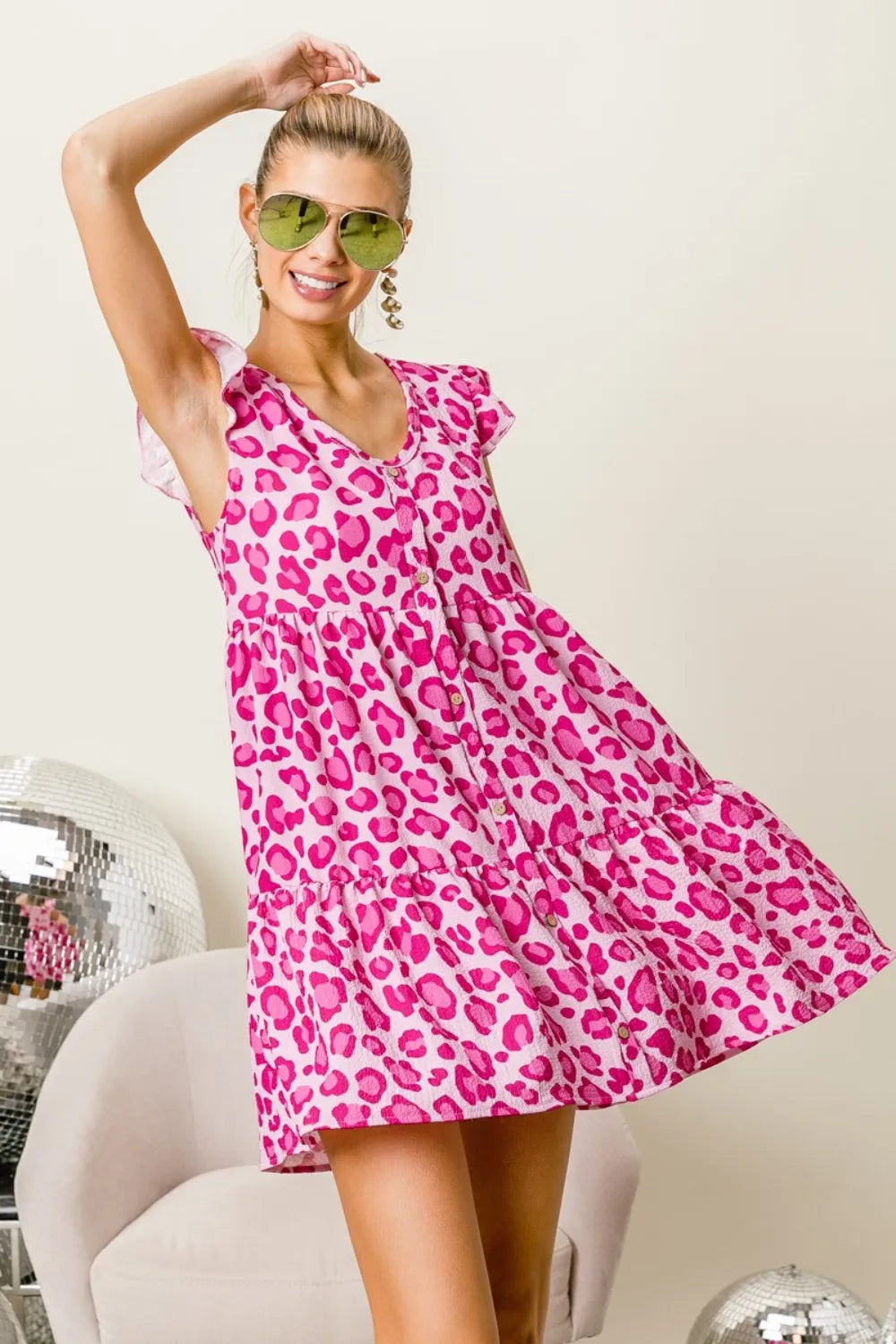 Image of BiBi Leopard Cap Sleeve Tiered Mini Dress | Queeble.shop