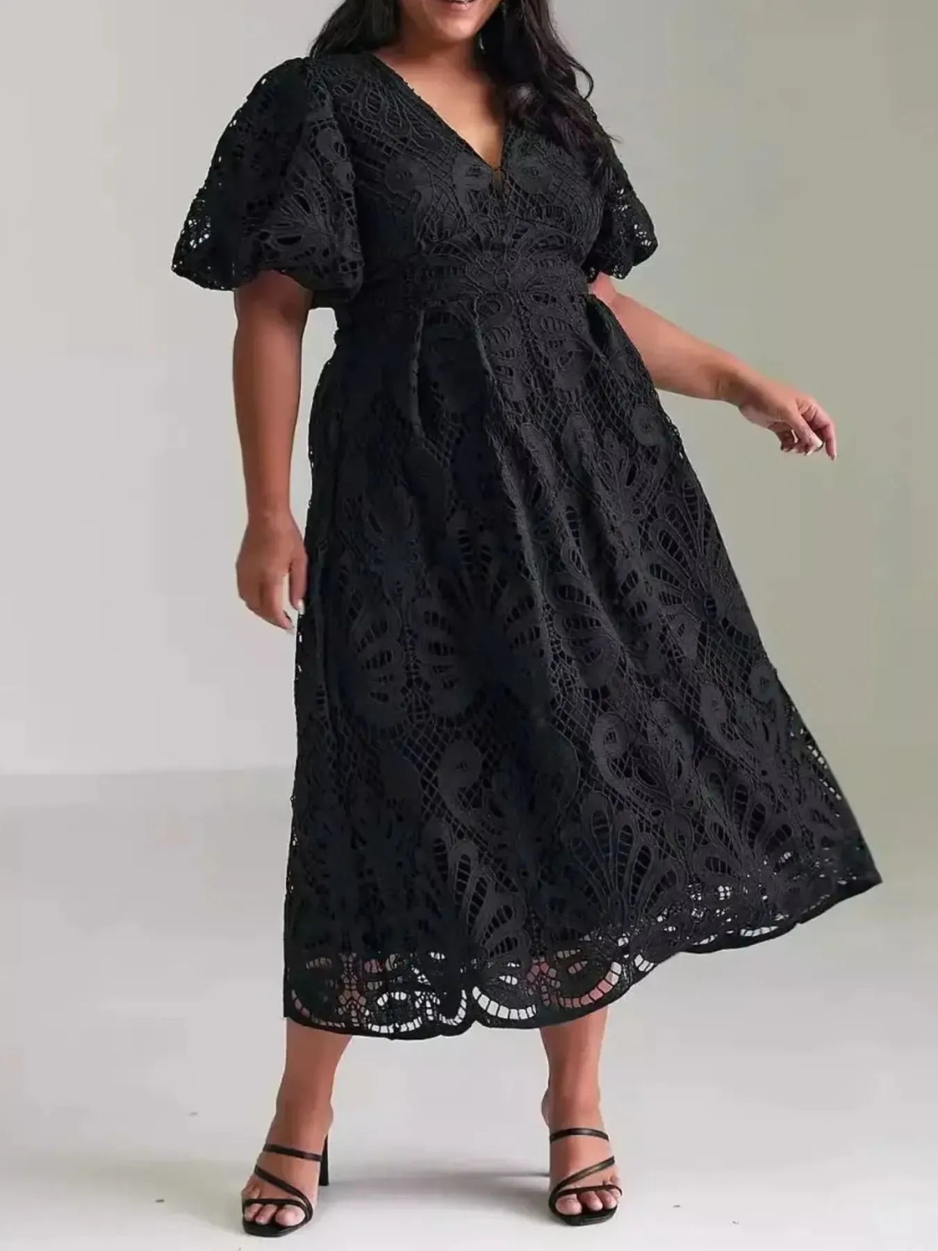 Image of Lace V-Neck Midi Dress with Puff Sleeves | Queeble.shop