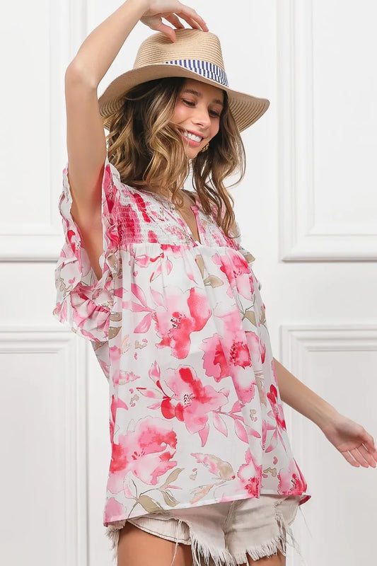 Image of BiBi Floral Print Flutter Sheer Top | Queeble.shop