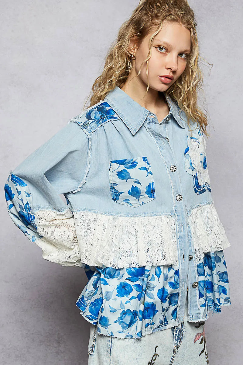 Image of POL Floral Patchwork Denim Shirt with Lace Trim Details | Queeble.shop