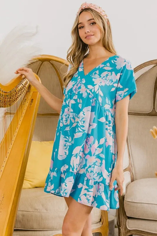 Image of BiBi Floral Crinkle Shirred Ruffle Detail V Neck Dress | Queeble.shop
