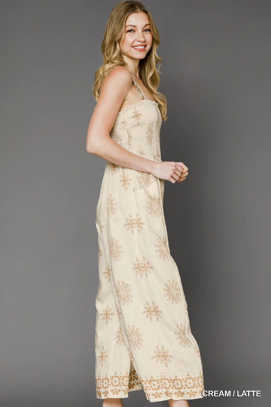 Image of Umgee Smocked Printed Wide Leg Jumpsuit | Queeble.shop