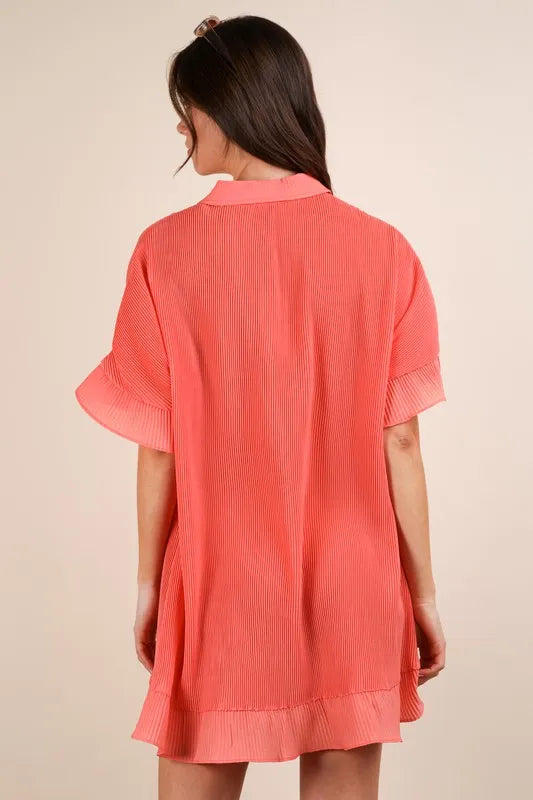 Image of VERY J Pleated Detail Button Down Mini Dress | Queeble.shop