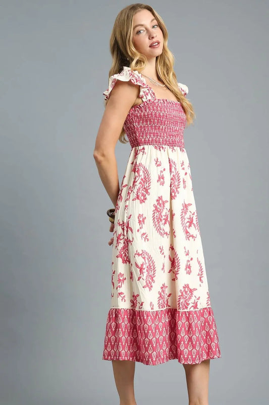 Image of Umgee Printed Smocked Midi Dress with Ruffle Details | Queeble.shop