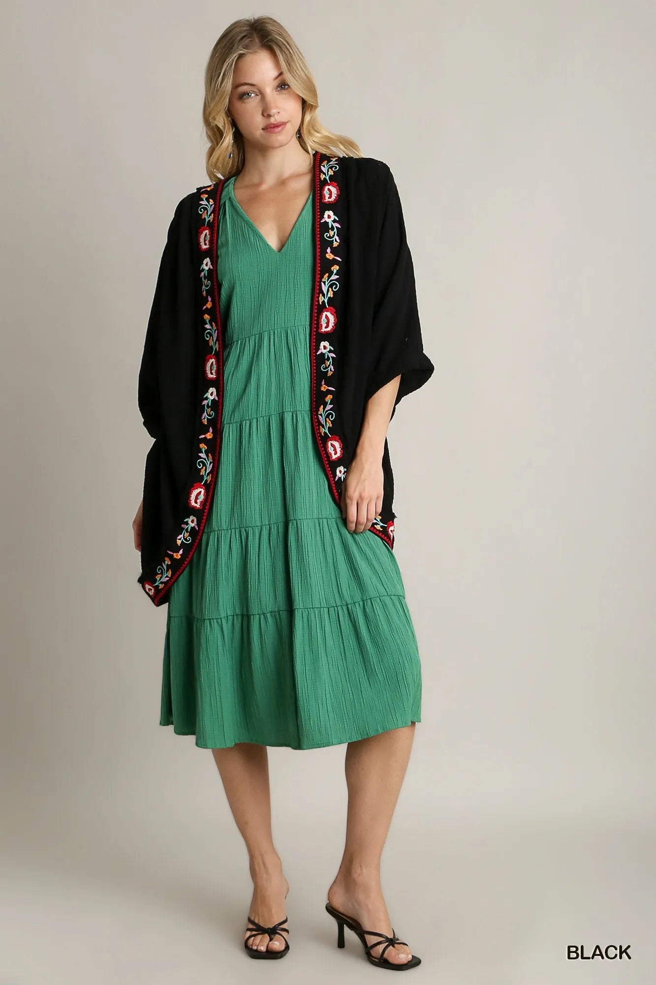 Image of Umgee Embroidery Open Front Kimono with Pleated Shoulder Detail | Queeble.shop