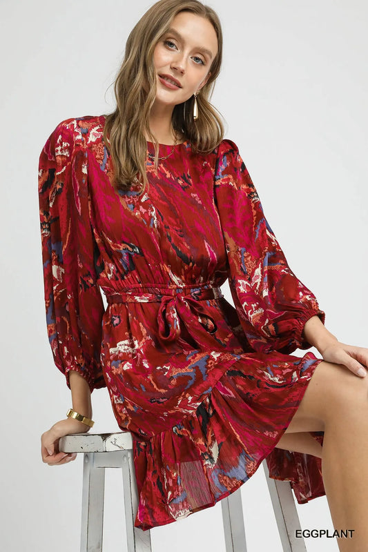 Image of Umgee Ruffled Hem Printed Balloon Sleeve Dress | Queeble.shop