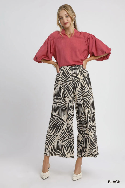Image of Umgee Palm Leaf Print Wide Leg Culotte Pants | Queeble.shop