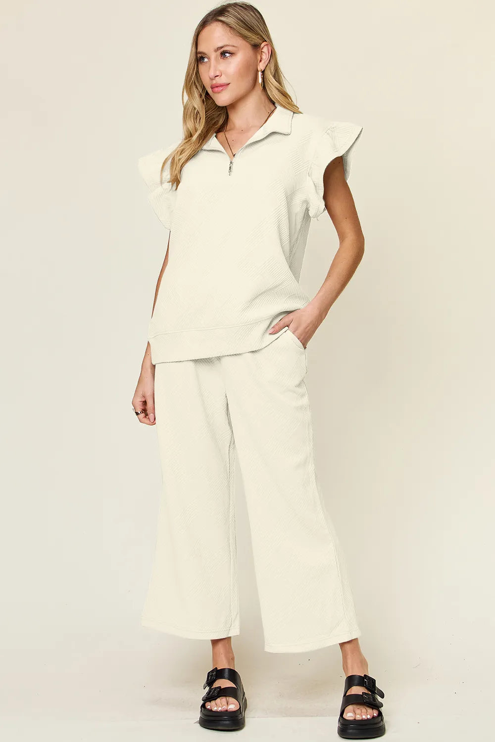 Image of Double Take Texture Ruffle Short Sleeve Top and Drawstring Wide Leg Pants Set | Queeble.shop
