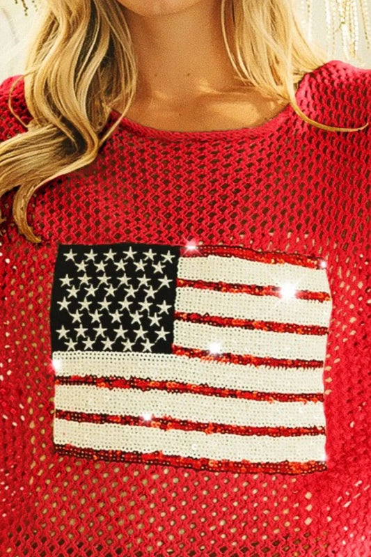 Image of BiBi Sequin American Flag Patch Open Knit Cover Up | Queeble.shop