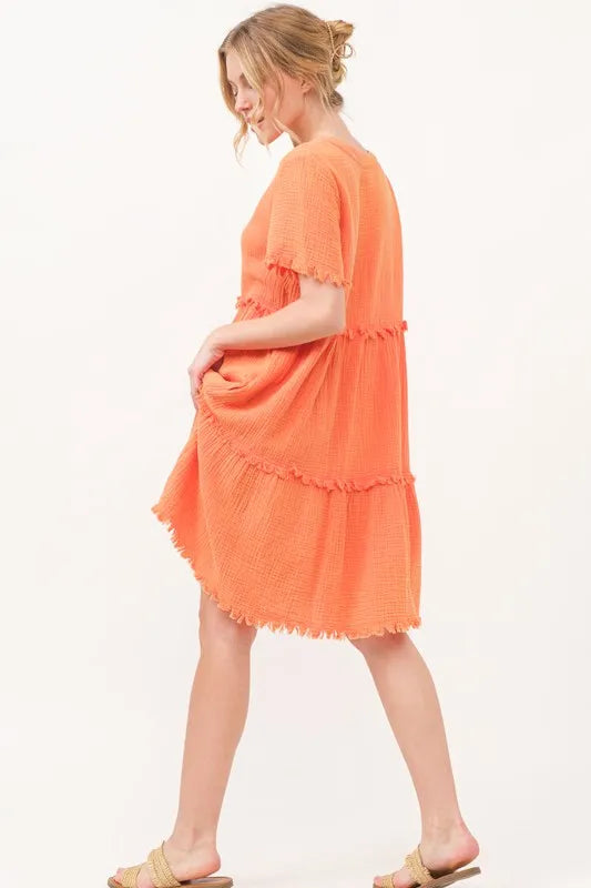 Image of And The Why Washed Frayed Detail Tiered Dress | Queeble.shop