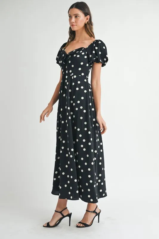 Image of MABLE Polka Dot Puff Sleeve Midi Dress | Queeble.shop