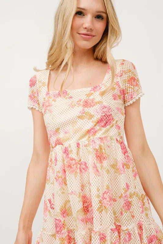 Image of And The Why Square Neck Tiered Floral Fishnet Dress | Queeble.shop