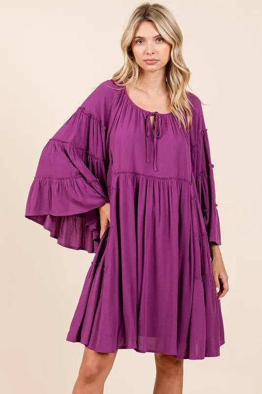 Image of Mittoshop Frill Tie Neck Bell Sleeve Dress | Queeble.shop