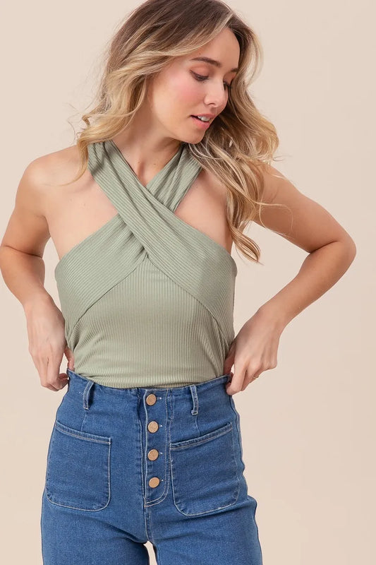 Image of BiBi Rib Knit Cross Neck Banded Top | Queeble.shop