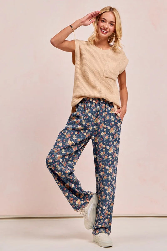 Image of BiBi Washed Floral Print Wide Leg Jeans | Queeble.shop