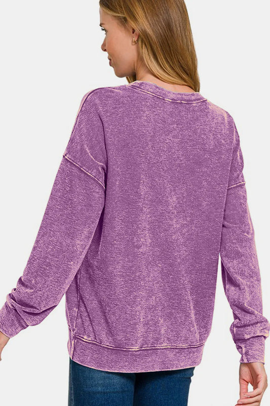 Image of Zenana Washed Round Neck Dropped Shoulder Sweatshirt | Queeble.shop
