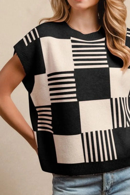 Image of BiBi Checker With Stripes Pattern Sleeveless Sweater | Queeble.shop