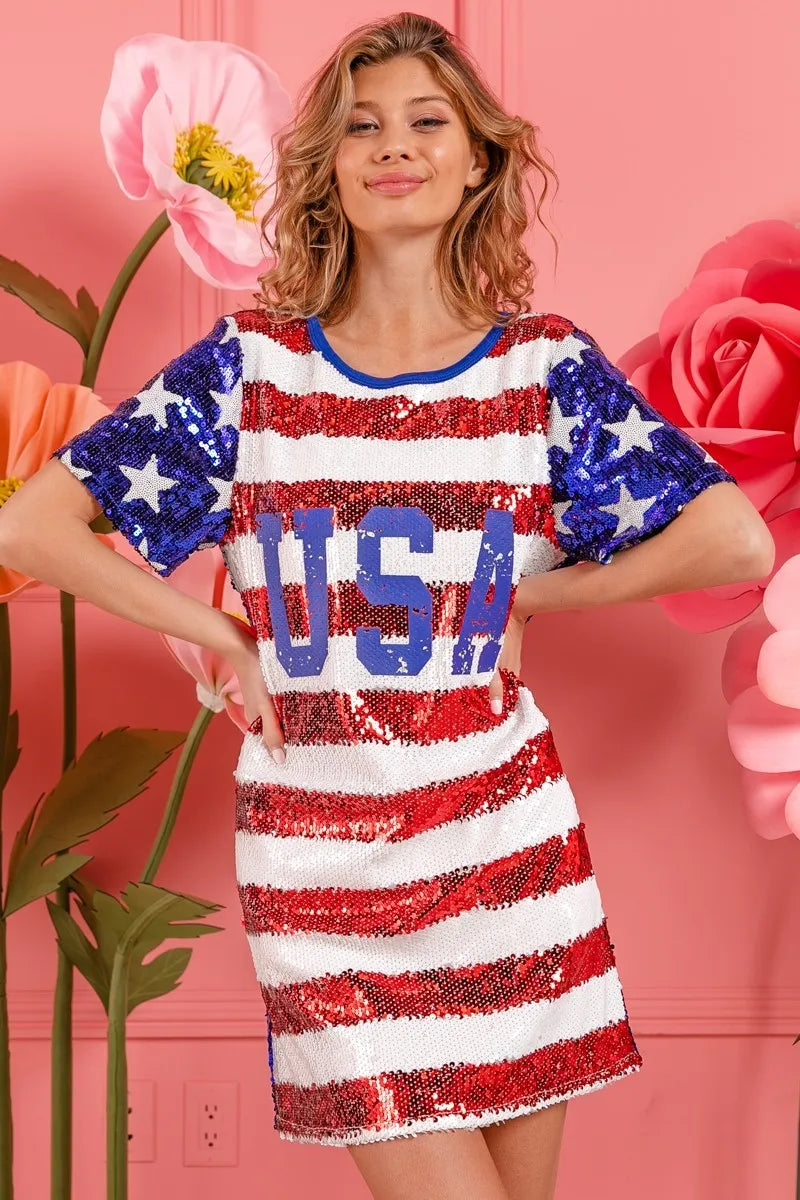 Image of BiBi American Flag Theme Usa Print Sequin Dress | Queeble.shop