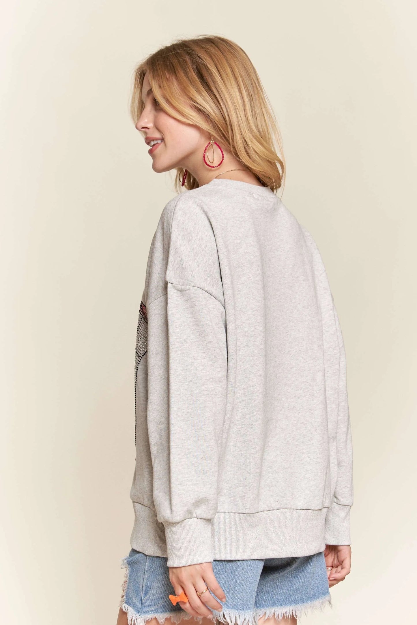Image of ADORA Rhinestone Accent Casual Sweatshirt | Queeble.shop