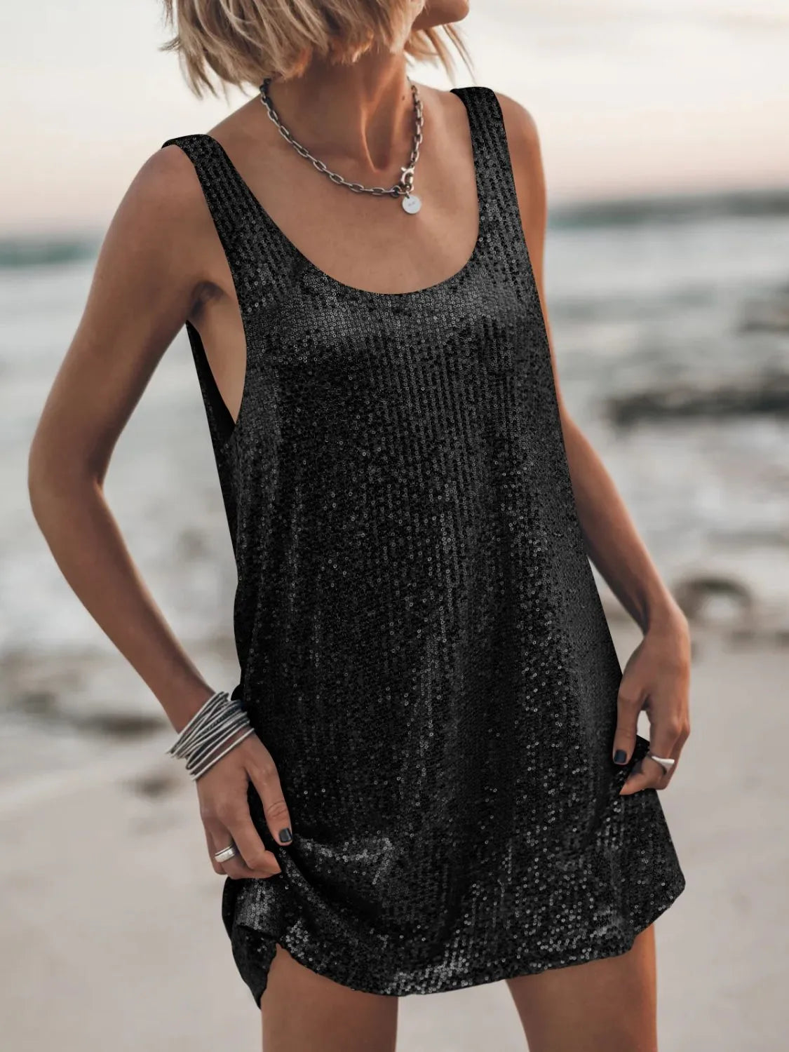 Image of Sequin Scoop Neck Mini Dress | Queeble.shop
