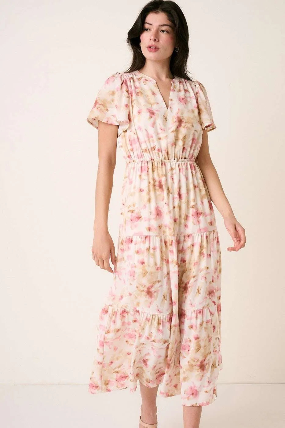Image of Mittoshop Flower Print Flutter Sleeve V Slit Maxi Dress | Queeble.shop