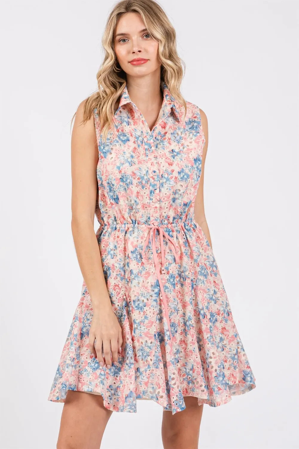 Image of GeeGee Full Size Floral Eyelet Sleeveless Mini Dress | Queeble.shop