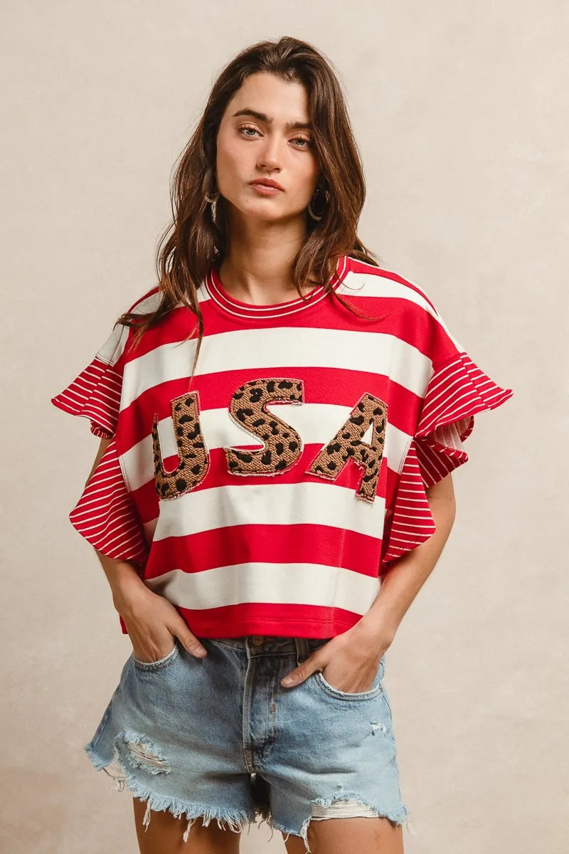 Image of BiBi Stripe Mixed Ruffle Sleeve Top With Leopard Letter | Queeble.shop