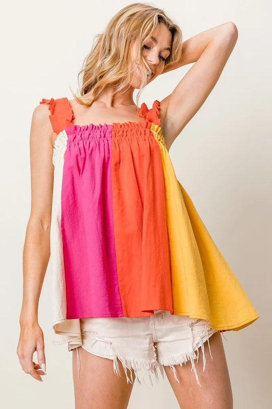 Image of BiBi Frill Shoulder Strap Color Block Bodice Top | Queeble.shop