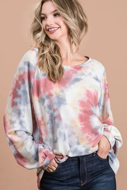 Image of BiBi Tie Dye Print Terry Top With Puff Sleeves | Queeble.shop
