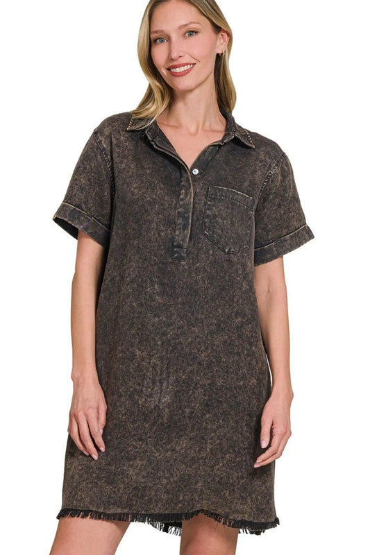 Image of Zenana Tencel Mineral Washed Collared Shirts Dress | Queeble.shop