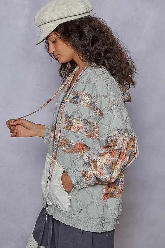 Image of POL Zip Up Floral and Lace Patch Washed Denim Jacket | Queeble.shop