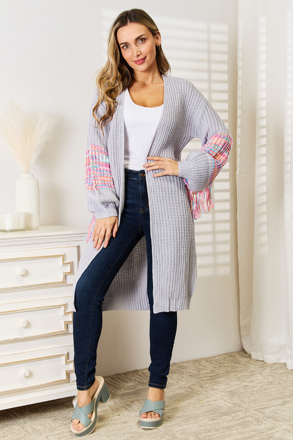 Image of Woven Right Fringe Sleeve Dropped Shoulder Cardigan | Queeble.shop