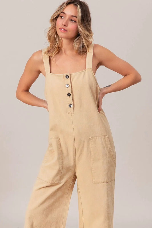 Image of BiBi Washed Denim Buttoned Overall Jumpsuit | Queeble.shop