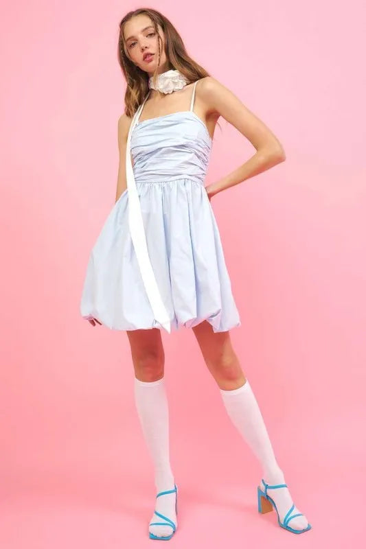 Image of Mittoshop Ruched Detail Bubble Hem Mini Dress | Queeble.shop