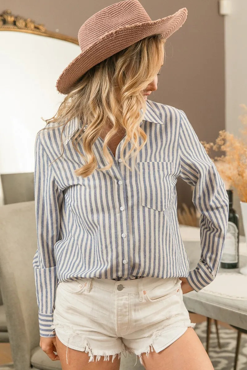 Image of BiBi Lurex Linen Stripe Shirt Button Down Top | Queeble.shop