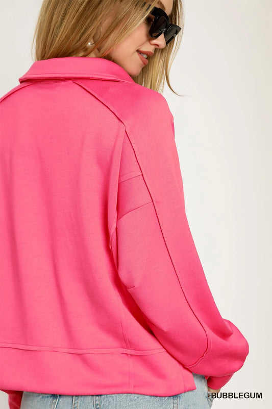 Image of Umgee Exposed Seam Long Sleeve Polo Top with Side Slit | Queeble.shop