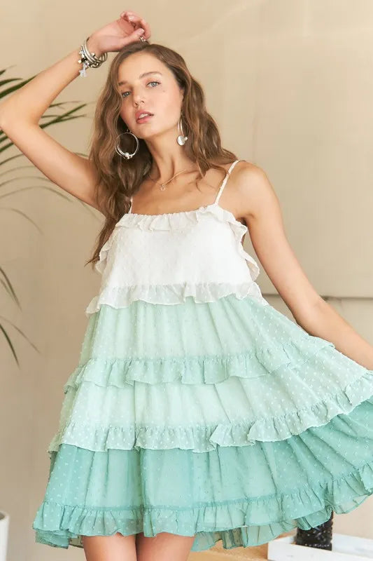 Image of ADORA Swiss Dot Ruffled Tiered Mini Dress | Queeble.shop