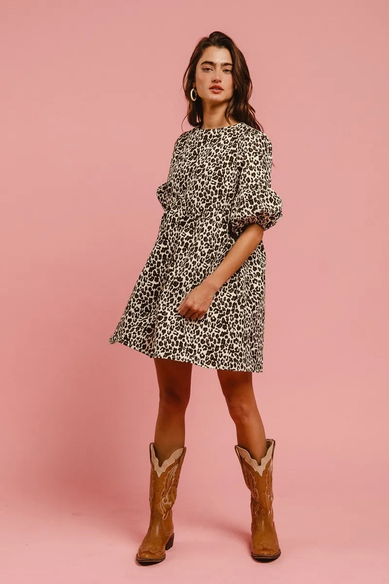 Image of BiBi Leopard Denim Dress With Back Contrast Tie Detail | Queeble.shop