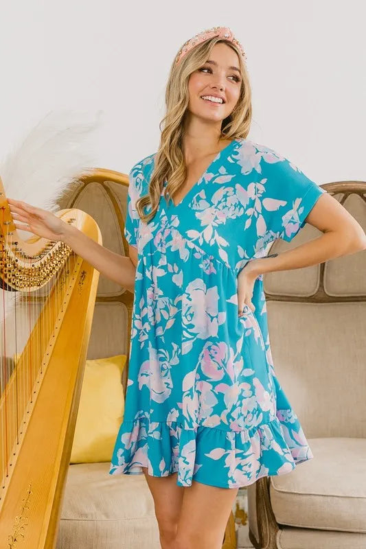 Image of BiBi Floral Crinkle Shirred Ruffle Detail V Neck Dress | Queeble.shop