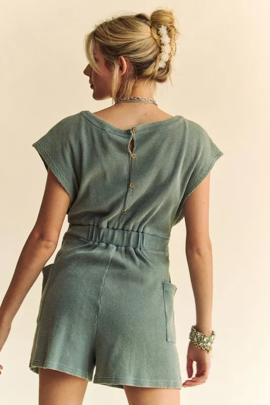 Image of Davi & Dani Acid-Washed Waffle Knit Cuffed Sleeves Romper | Queeble.shop