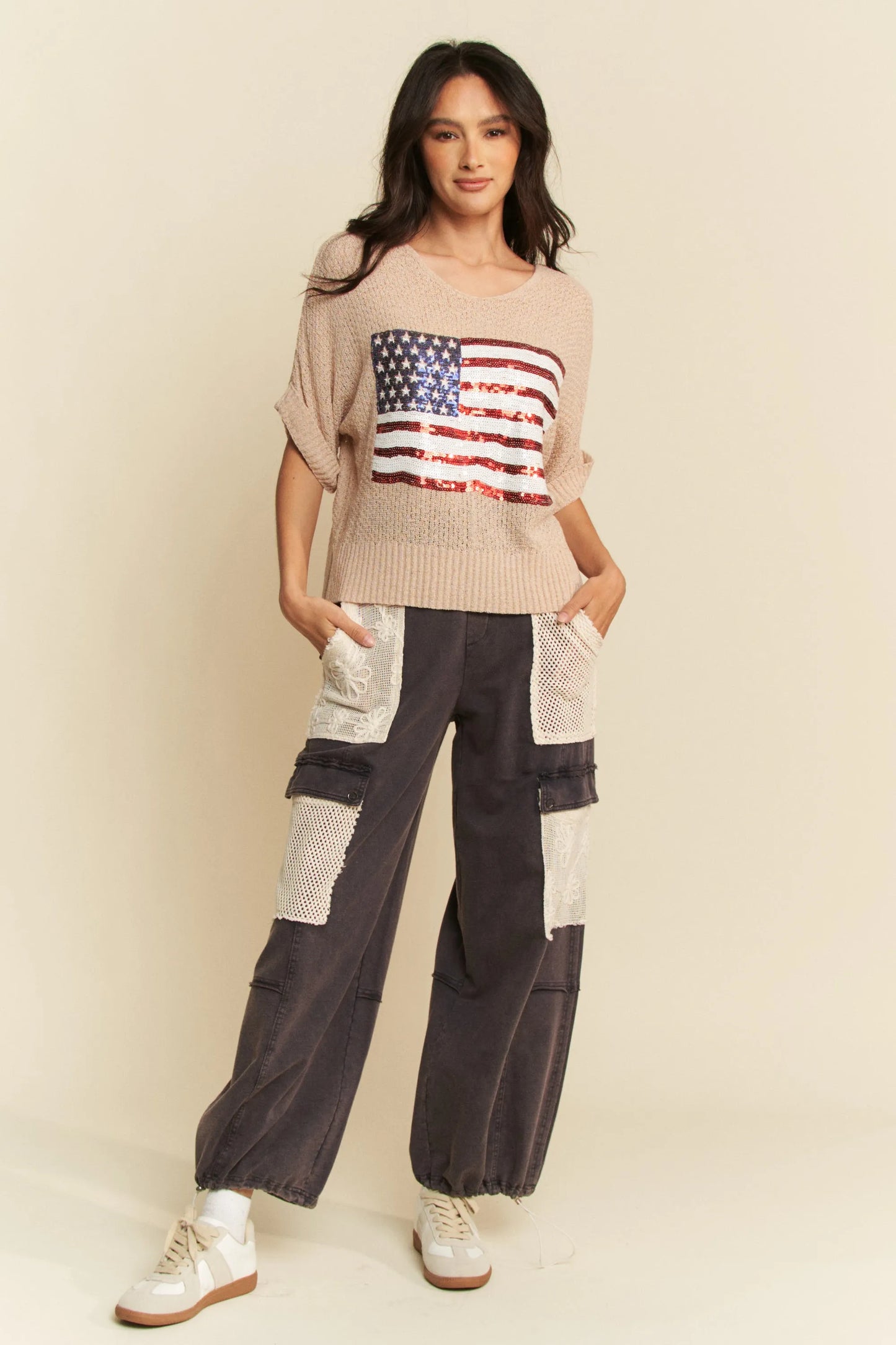 Image of Davi & Dani Sequin American Flag Patch Short Sleeve Knit Top | Queeble.shop
