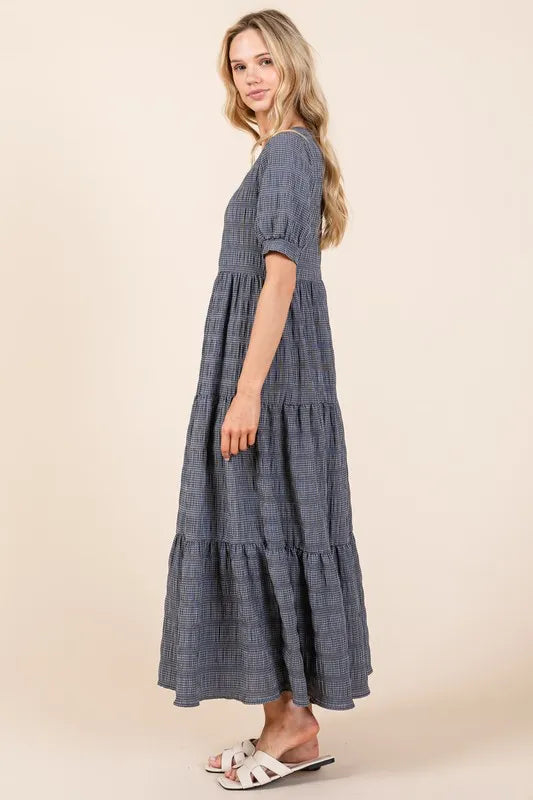 Image of BOMBOM Textured Short Sleeve Tiered Dress | Queeble.shop